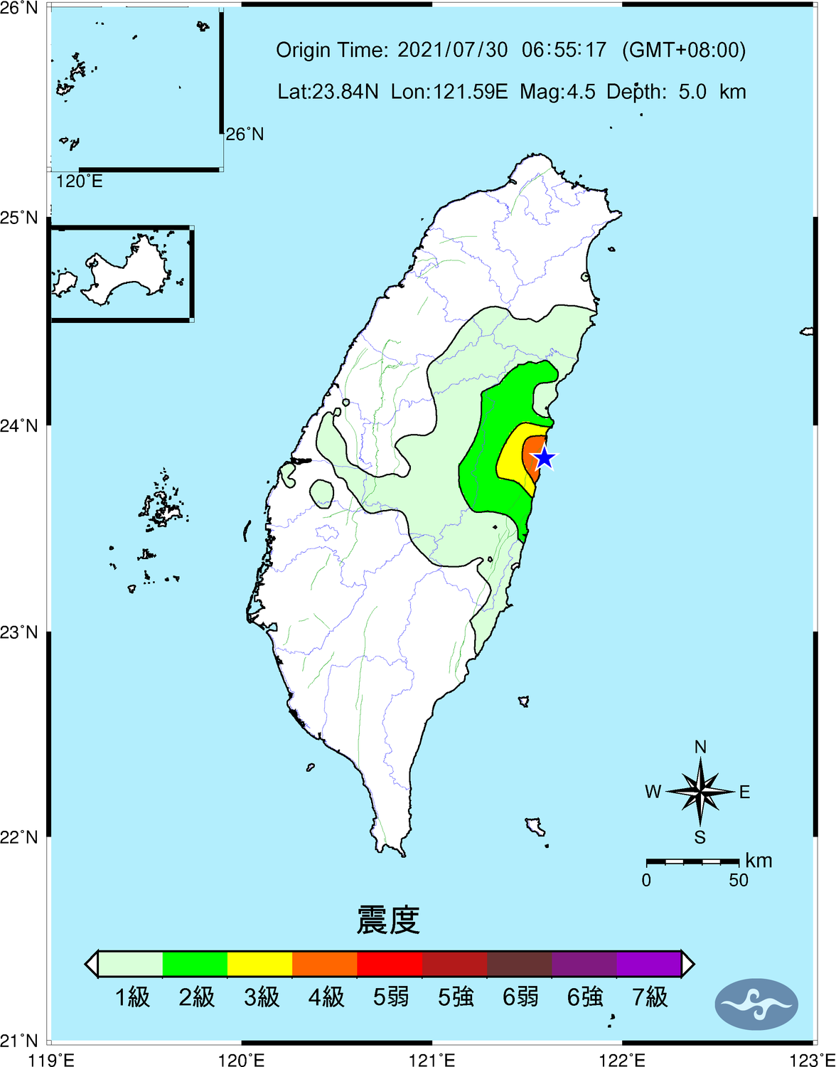 花蓮昨晚至今晨發生3起地震(圖為今晨6:55地震震度圖)。 圖:中央氣象局/提供 花蓮昨晚至今晨發生3起地震(圖為今晨6:55地震震度圖)。 圖:中央氣象局/提供