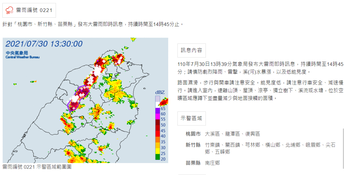 另外,氣象局也對桃園市、新竹縣、苗栗縣發布大雷雨即時訊息,持續時間至14時45分止。 圖:中央氣象局/提供 另外,氣象局也對桃園市、新竹縣、苗栗縣發布大雷雨即時訊息,持續時間至14時45分止。 圖:中央氣象局/提供
