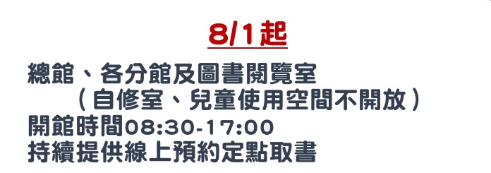 8/1起圖書館入館時間將調整為上午8時30分至下午5時。 圖:取自新北市立圖書館官網 8/1起圖書館入館時間將調整為上午8時30分至下午5時。 圖:取自新北市立圖書館官網