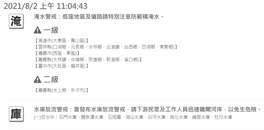 水利署對雲林縣、嘉義縣市、台中市、高雄市,共18行政區發布一級淹水警戒。 圖:擷取自水利署網站 水利署對雲林縣、嘉義縣市、台中市、高雄市,共18行政區發布一級淹水警戒。 圖:擷取自水利署網站