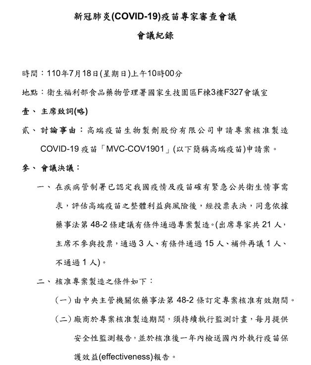 食藥署今公開一份110年7/18為專家們審查高端疫苗專案製造申請案的會議記錄,其中出席專家共21人,投票表決不通過僅1人。 圖:食藥署/提供 食藥署今公開一份110年7/18為專家們審查高端疫苗專案製造申請案的會議記錄,其中出席專家共21人,投票表決不通過僅1人。 圖:食藥署/提供