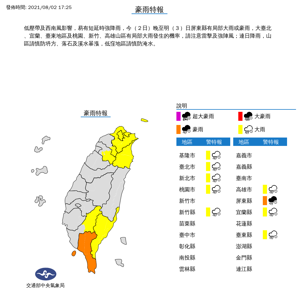 氣象局對9縣市發布豪雨、大雨特報。 圖:中央氣象局/提供 氣象局對9縣市發布豪雨、大雨特報。 圖:中央氣象局/提供