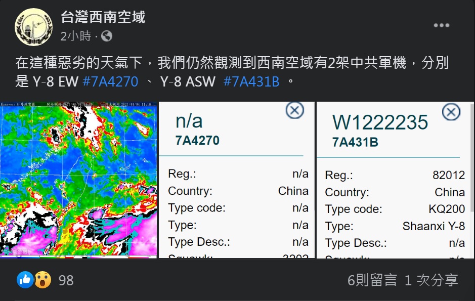 《台灣西南空域》臉書粉專揭露,今天有2架解放軍「運8」機疑似侵擾西南空域。 圖:翻攝台灣西南空域臉書 《台灣西南空域》臉書粉專揭露,今天有2架解放軍「運8」機疑似侵擾西南空域。 圖:翻攝台灣西南空域臉書