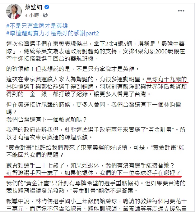 民眾黨立委蔡壁如在臉書發文一方面蹭奧運選手熱度,一方面批評「黃金計畫」,卻前後矛盾。 圖:翻攝自蔡壁如臉書 民眾黨立委蔡壁如在臉書發文一方面蹭奧運選手熱度,一方面批評「黃金計畫」,卻前後矛盾。 圖:翻攝自蔡壁如臉書