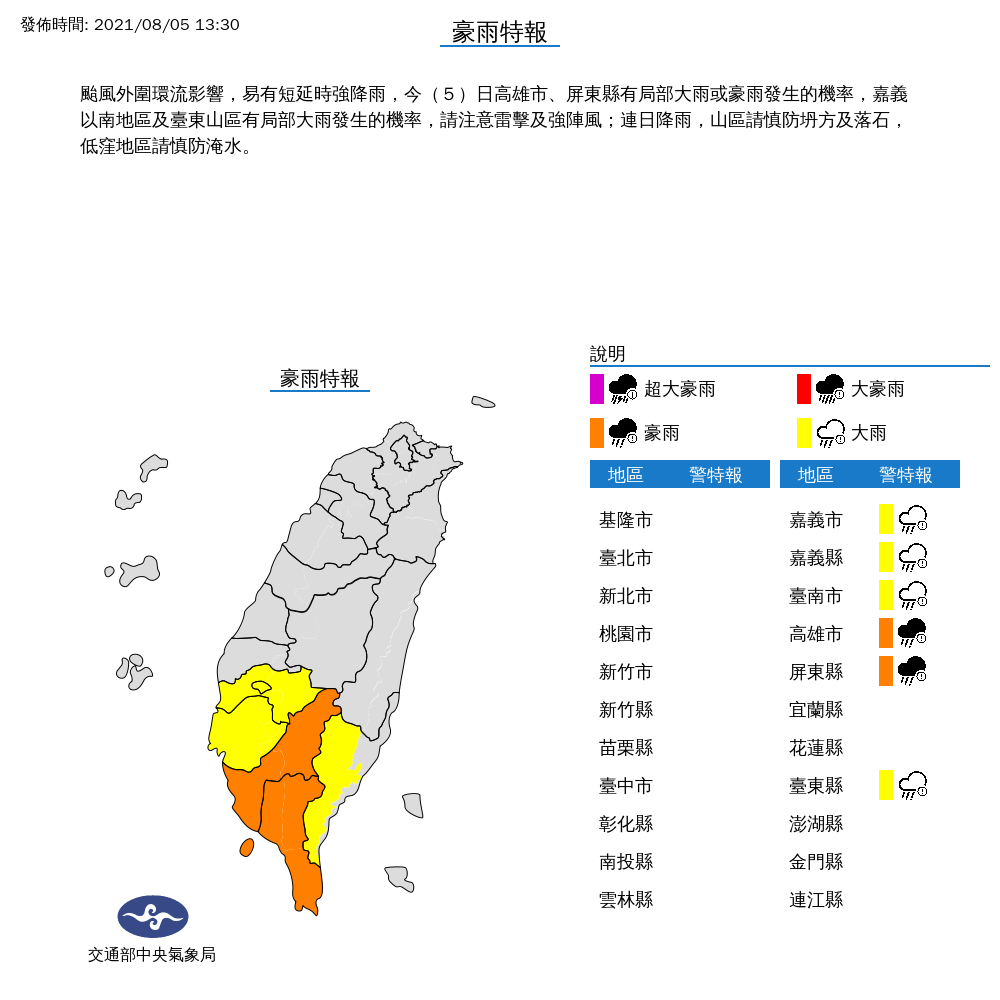 受到颱風外圍環流影響,氣象局對南部及台東發布豪雨、大雨特報。 圖:中央氣象局/提供 受到颱風外圍環流影響,氣象局對南部及台東發布豪雨、大雨特報。 圖:中央氣象局/提供