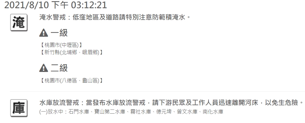 水利署對桃園、新竹5個行政區發布淹水警戒。 圖:擷取自水利署網站 水利署對桃園、新竹5個行政區發布淹水警戒。 圖:擷取自水利署網站
