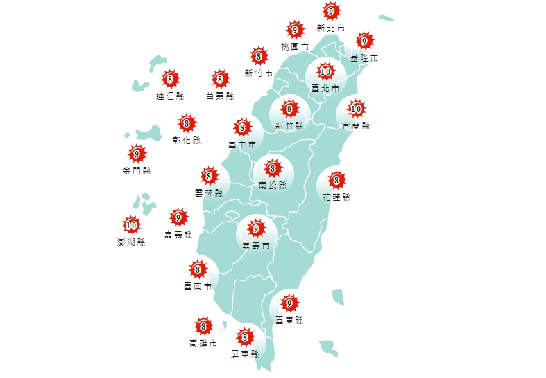紫外線指數各地皆為「過量級」,民眾進行戶外活動時應做好防曬工作,並多補充水分。 紫外線指數各地皆為「過量級」,民眾進行戶外活動時應做好防曬工作,並多補充水分。