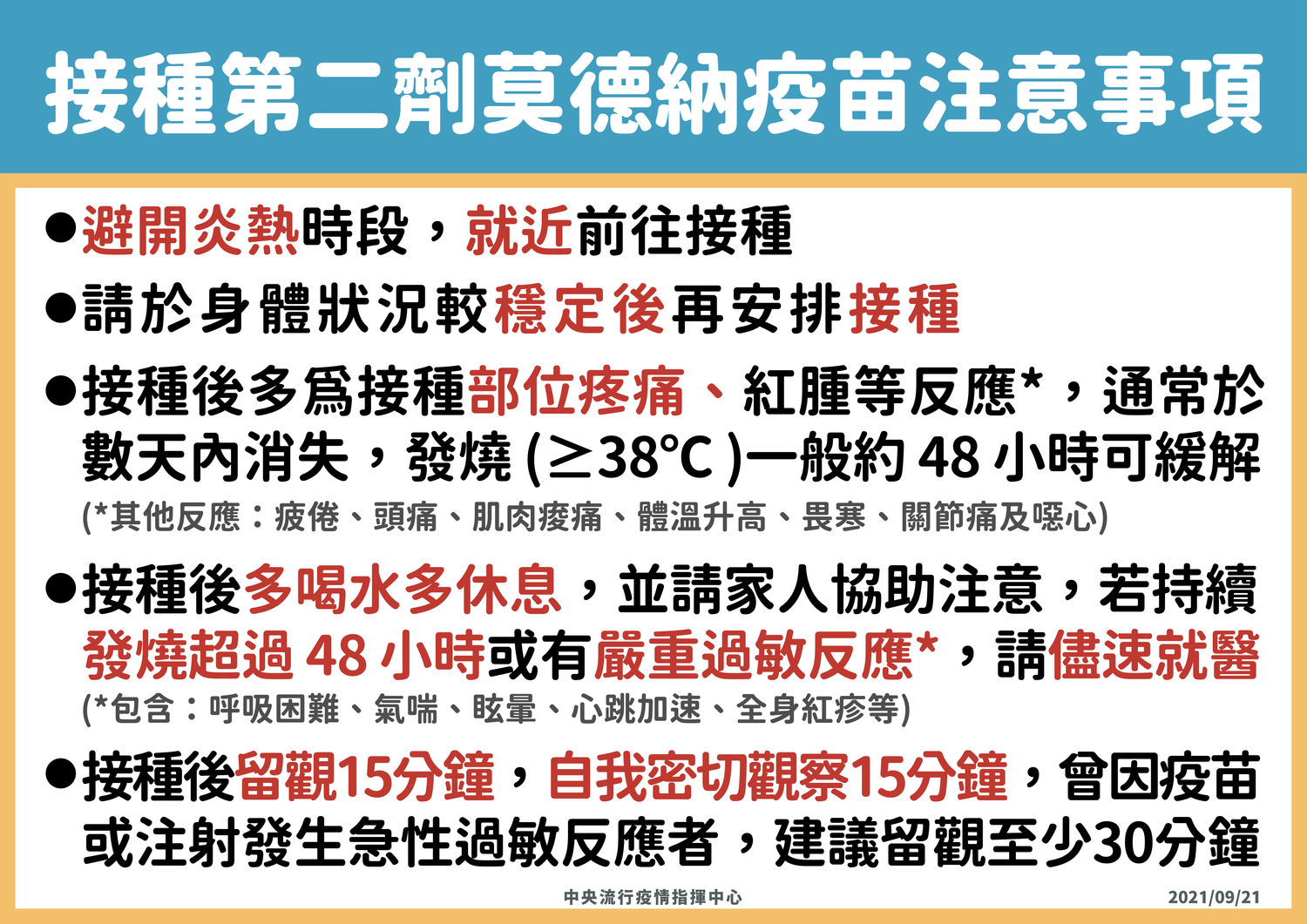 接種第二劑莫德納疫苗注意事項 。 圖:指揮中心/提供 接種第二劑莫德納疫苗注意事項 。 圖:指揮中心/提供