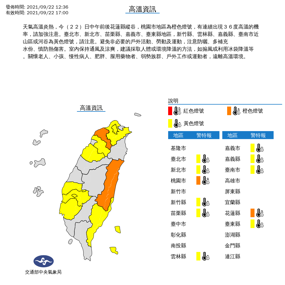 受太平洋高壓影響,天氣炎熱,氣象局對11縣市發布高溫特報。 圖:中央氣象局/提供 受太平洋高壓影響,天氣炎熱,氣象局對11縣市發布高溫特報。 圖:中央氣象局/提供
