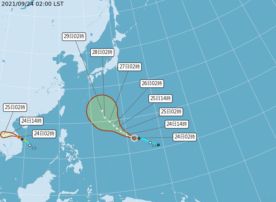 目前在太平洋地區有2個颱風,一個是在台灣東南側的輕颱「蒲公英」,一 個在越南附近的輕颱「電母」,對台灣暫時都沒有影響。 圖:中央氣象局/提供 目前在太平洋地區有2個颱風,一個是在台灣東南側的輕颱「蒲公英」,一 個在越南附近的輕颱「電母」,對台灣暫時都沒有影響。 圖:中央氣象局/提供