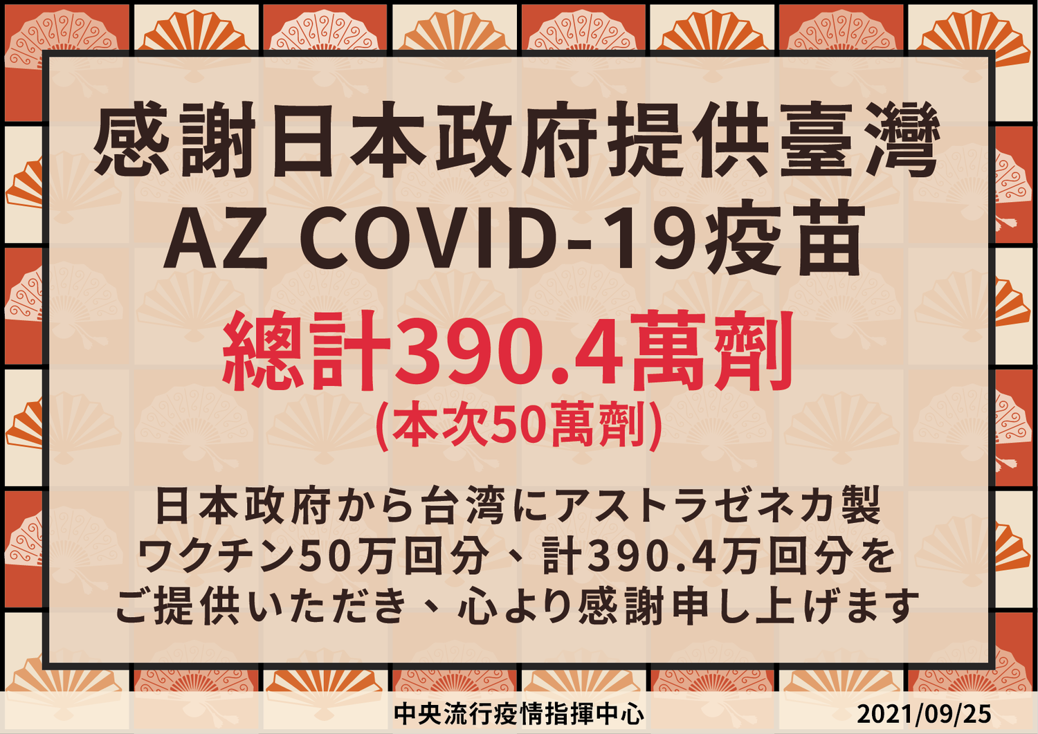 日本總計已提供台灣390.4萬劑疫苗。 圖:中央流行疫情指揮中心/提供 日本總計已提供台灣390.4萬劑疫苗。 圖:中央流行疫情指揮中心/提供