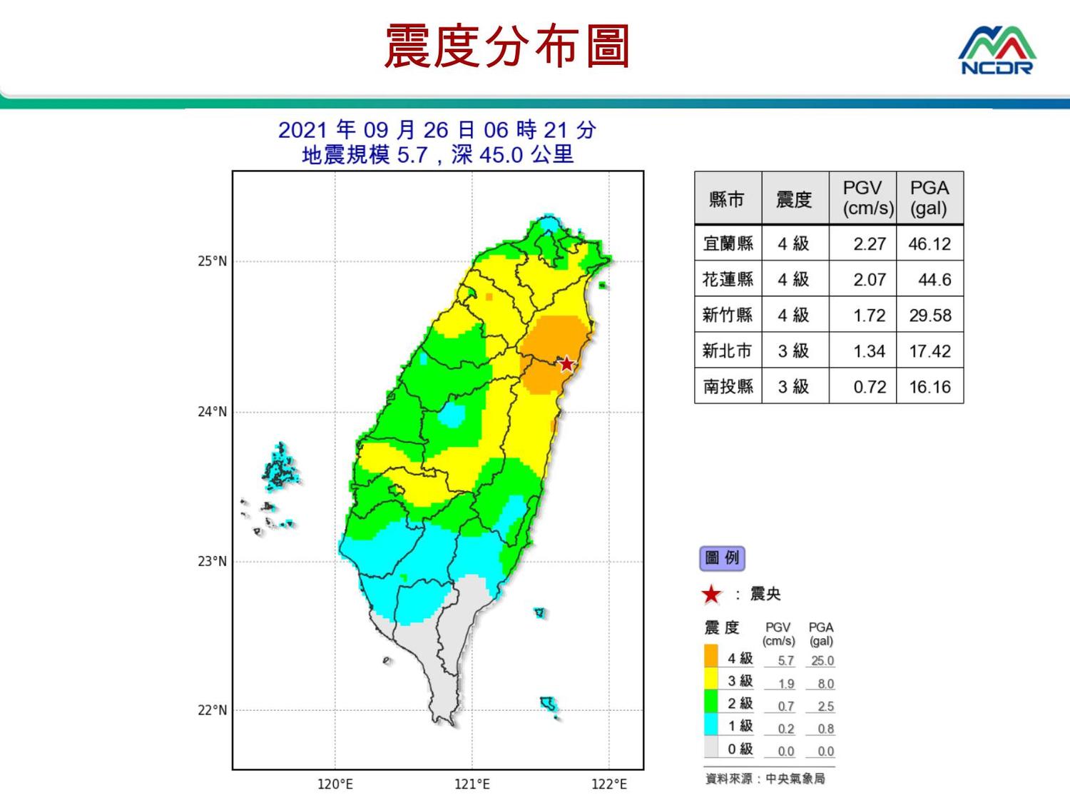 清晨6時21分發生規模5.7地震,各地震度分布圖。 圖/中央氣象局 清晨6時21分發生規模5.7地震,各地震度分布圖。 圖/中央氣象局