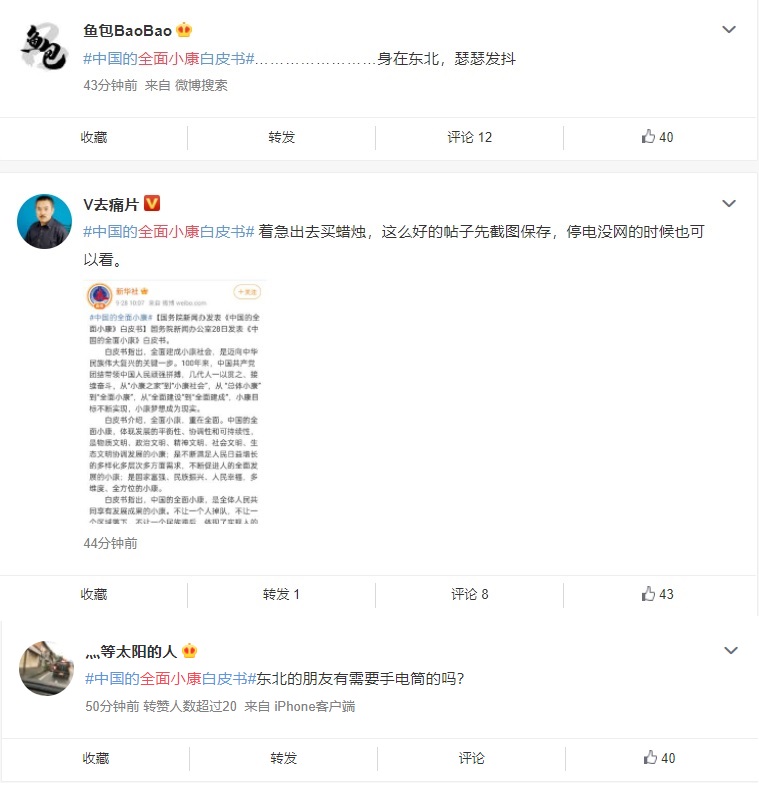 中國網友紛紛吐槽全面小康白皮書。 圖:翻攝自微博 中國網友紛紛吐槽全面小康白皮書。 圖:翻攝自微博