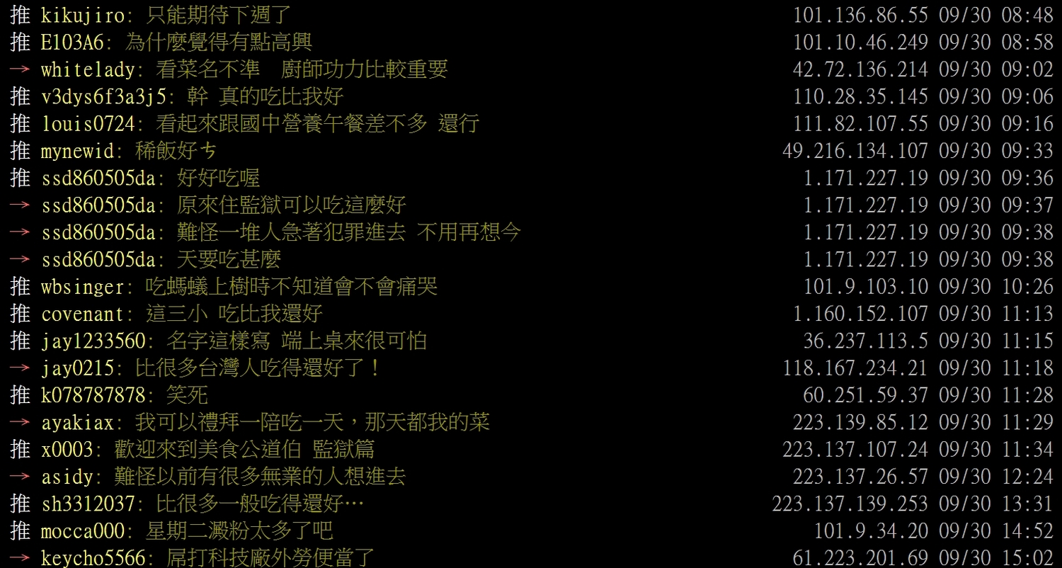 底下有不少人留言,看守所公布的菜單看起來真的好好吃。 圖:擷取自PTT 底下有不少人留言,看守所公布的菜單看起來真的好好吃。 圖:擷取自PTT