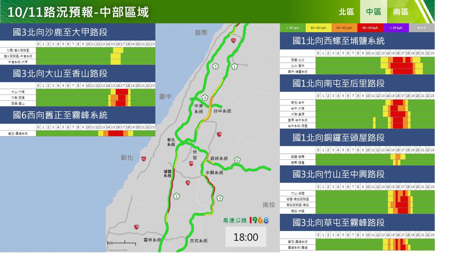 今天中部區域路況預報。 圖/高公局 今天中部區域路況預報。 圖/高公局
