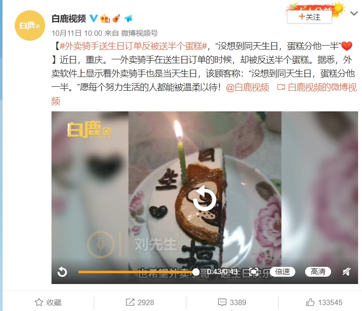 「外送人員送生日訂單反被送半個蛋糕」之影片,話題閱讀量已超過 2 億。 圖:擷取自白鹿視頻微博 「外送人員送生日訂單反被送半個蛋糕」之影片,話題閱讀量已超過 2 億。 圖:擷取自白鹿視頻微博