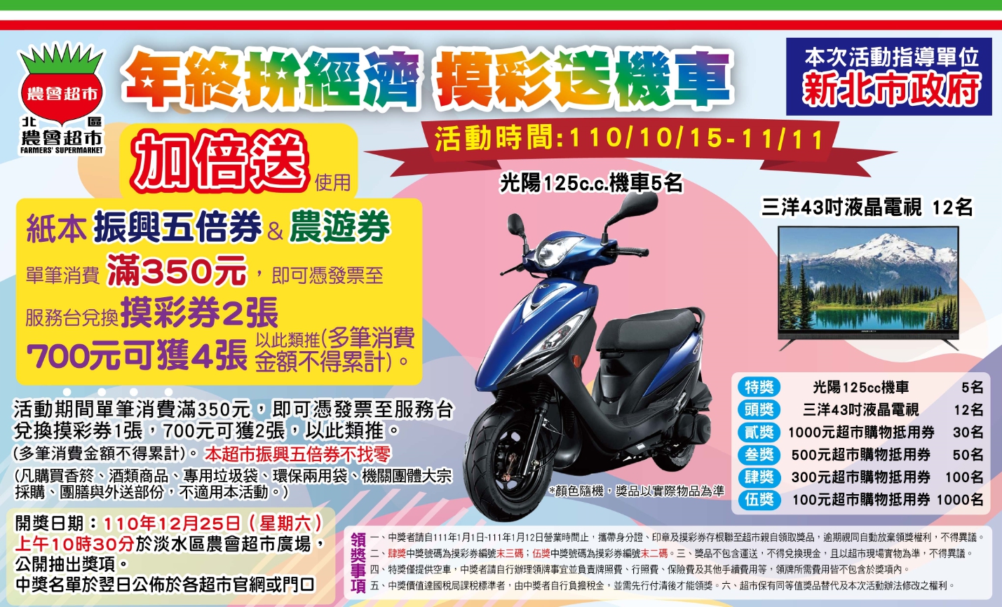 今年度年終拚經濟抽獎活動辦法及獎品。 圖:新北市農業局提供 今年度年終拚經濟抽獎活動辦法及獎品。 圖:新北市農業局提供