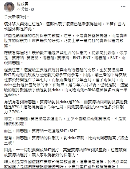 醫師將AZ疫苗比做陽春麵。 圖:翻攝自沈政男臉書 醫師將AZ疫苗比做陽春麵。 圖:翻攝自沈政男臉書