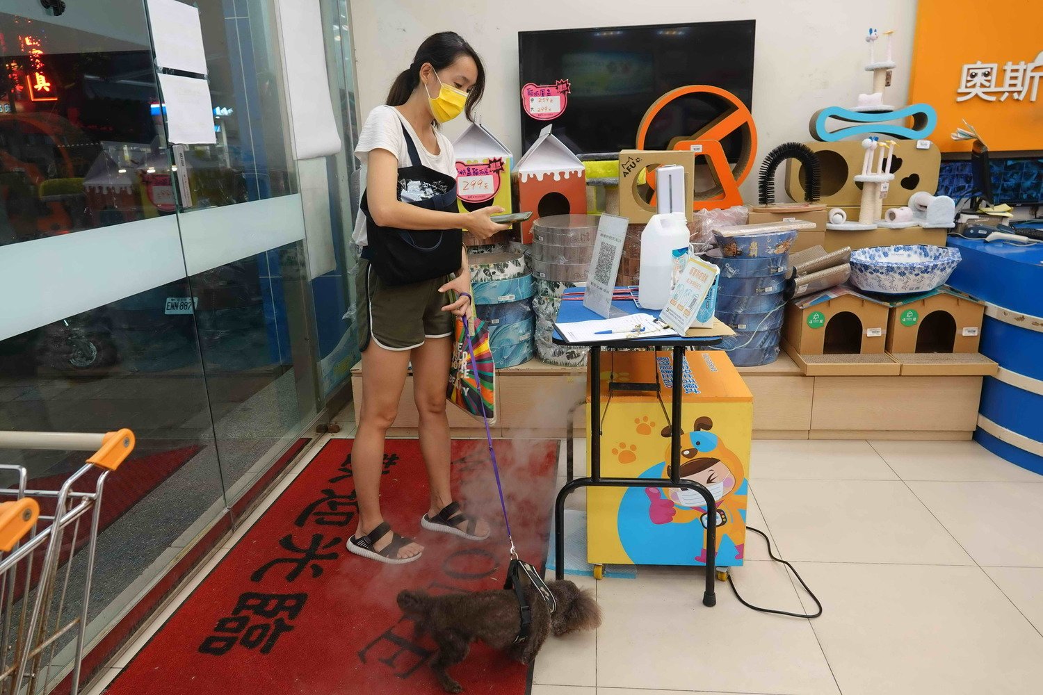 民眾帶家中毛寶貝來使用寵物消毒機。 圖:新北市動保處提供 民眾帶家中毛寶貝來使用寵物消毒機。 圖:新北市動保處提供