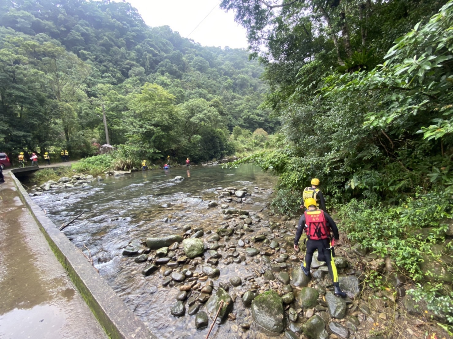 岸巡人員特別加強草叢、樹叢、泥濘區搜索 圖:新北市消防局/提供 岸巡人員特別加強草叢、樹叢、泥濘區搜索 圖:新北市消防局/提供