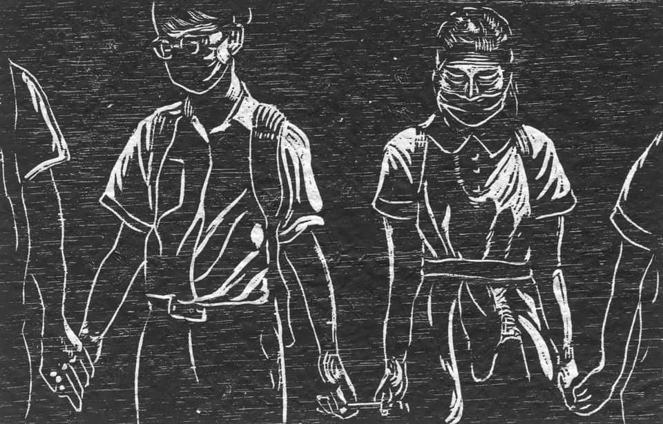 香港反送中運動版畫紀事作品。 圖:取自《少年,煙霧與傘》臉書 香港反送中運動版畫紀事作品。 圖:取自《少年,煙霧與傘》臉書