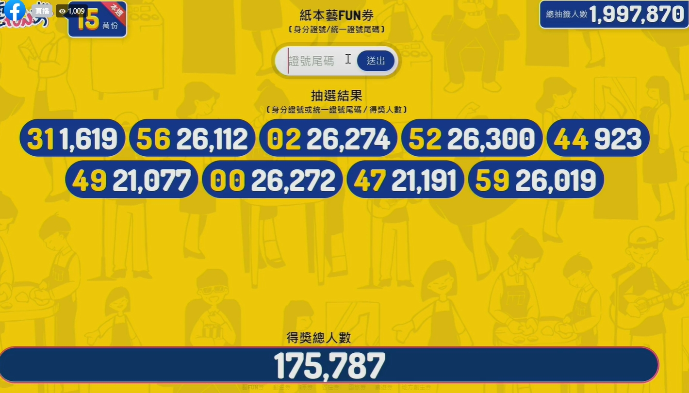 第3輪紙本藝Fun券中獎號碼。 圖:擷取自文化部直播 第3輪紙本藝Fun券中獎號碼。 圖:擷取自文化部直播