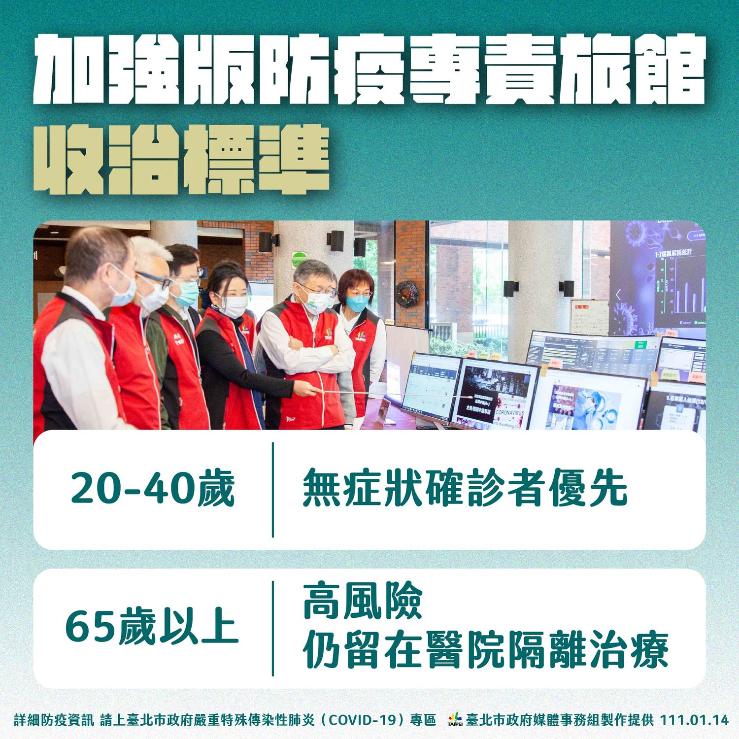 台北市加強版防疫專責旅館收治標準。 圖:台北市政府 / 提供 台北市加強版防疫專責旅館收治標準。 圖:台北市政府 / 提供
