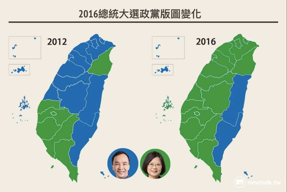 2016總統大選與2012總統大選政黨版圖的變化。 圖:翁嫆琄/製 2016總統大選與2012總統大選政黨版圖的變化。 圖:翁嫆琄/製