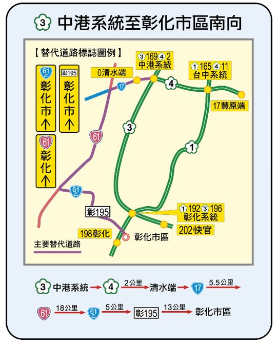 春節中港系統至彰化市區南向替代道路圖。 圖:交通部高速公路局/提供 春節中港系統至彰化市區南向替代道路圖。 圖:交通部高速公路局/提供