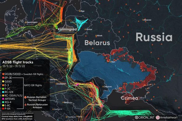 3月13日至3月31日,北約(NATO)與瑞典的電戰機的ISR(情報、監視和偵察)飛行軌跡。 圖:引自Orion Intel網站 3月13日至3月31日,北約(NATO)與瑞典的電戰機的ISR(情報、監視和偵察)飛行軌跡。 圖:引自Orion Intel網站