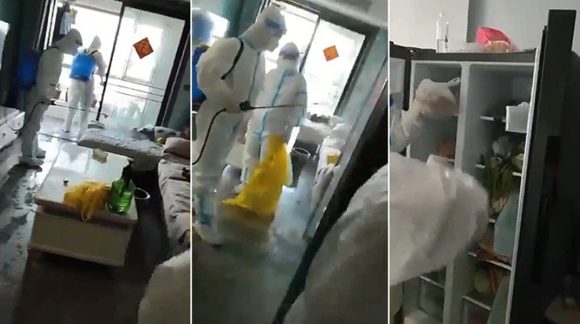 中國「大白」在住戶隔離期間「入室消殺」,甚至將冰箱內的食物盡數丟棄。 圖:翻攝推特 中國「大白」在住戶隔離期間「入室消殺」,甚至將冰箱內的食物盡數丟棄。 圖:翻攝推特