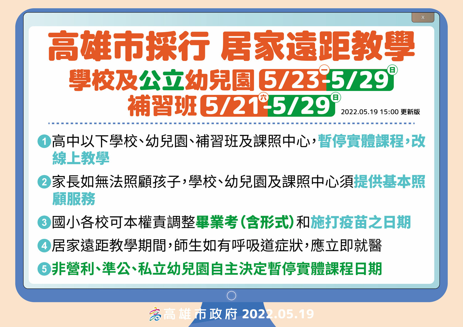 高雄5/19居家遠距教學政策。 圖:高雄市衛生局提供 高雄5/19居家遠距教學政策。 圖:高雄市衛生局提供