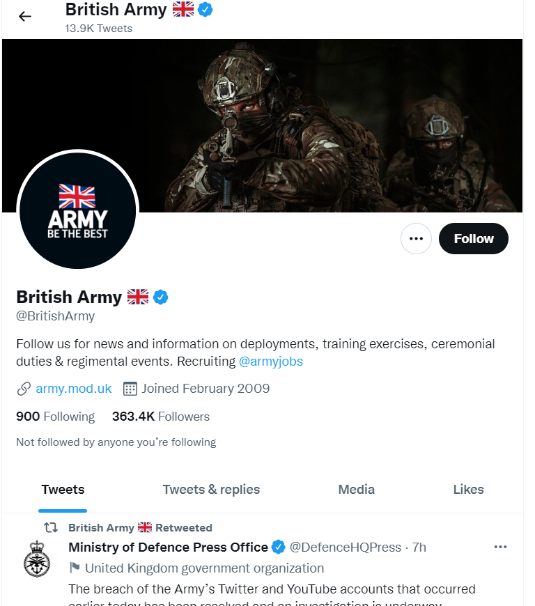 英國陸軍的推特現在已經恢復正常。 圖:翻攝自推特 英國陸軍的推特現在已經恢復正常。 圖:翻攝自推特