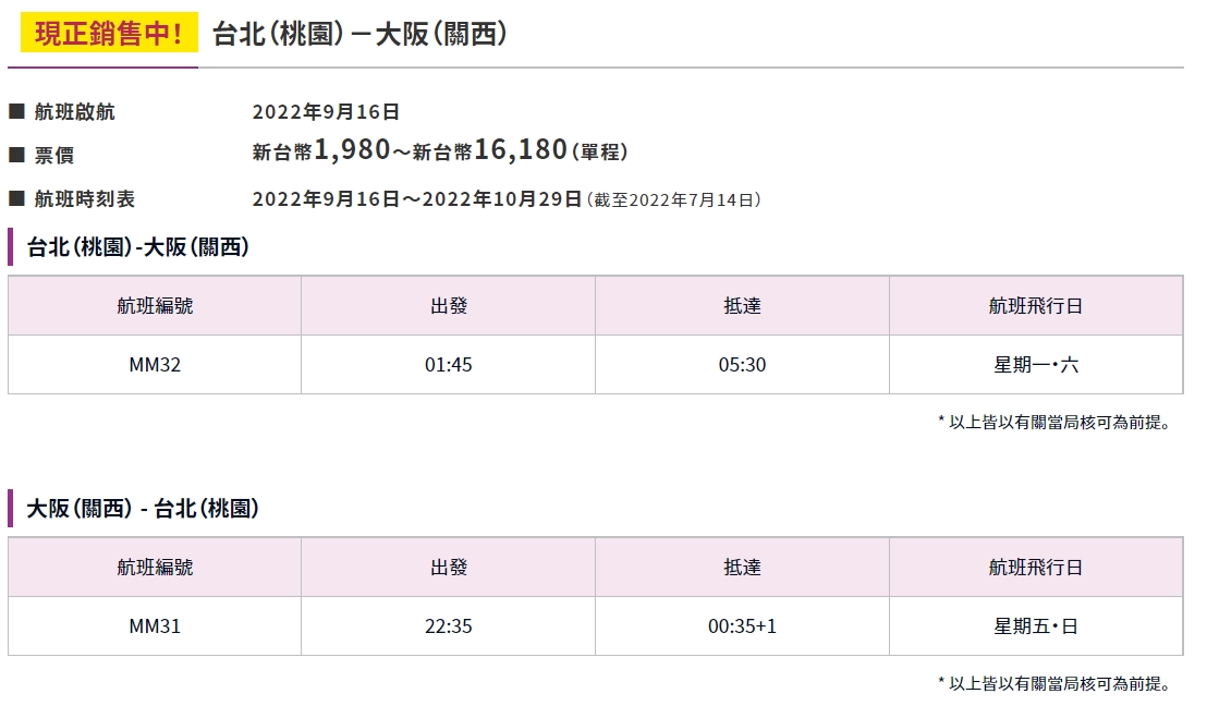 樂桃航空大阪-台北航班資訊。 圖:擷取自樂桃航空官網 樂桃航空大阪-台北航班資訊。 圖:擷取自樂桃航空官網