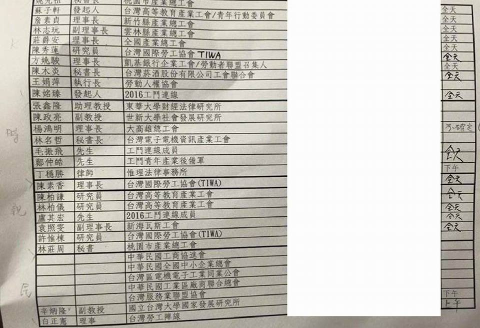 時代力量15日晚間在臉書貼出勞基法修正案公聽會各黨團推薦名單。 時代力量15日晚間在臉書貼出勞基法修正案公聽會各黨團推薦名單。