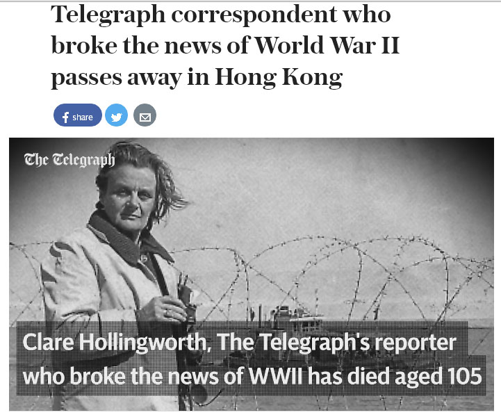 英國戰地女記者霍林沃思是第1位報導二次世界大戰爆發的新聞人,她在世界各地穿越槍林彈雨,數度與死神擦身而過。 英國戰地女記者霍林沃思是第1位報導二次世界大戰爆發的新聞人,她在世界各地穿越槍林彈雨,數度與死神擦身而過。