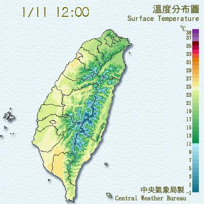 中央氣象局指出,12日下半天開始鋒面過境,加上大陸冷氣團南下,北部地區在13日到16日的最低溫可達13度。圖為11日午間溫度分布狀況。 中央氣象局指出,12日下半天開始鋒面過境,加上大陸冷氣團南下,北部地區在13日到16日的最低溫可達13度。圖為11日午間溫度分布狀況。