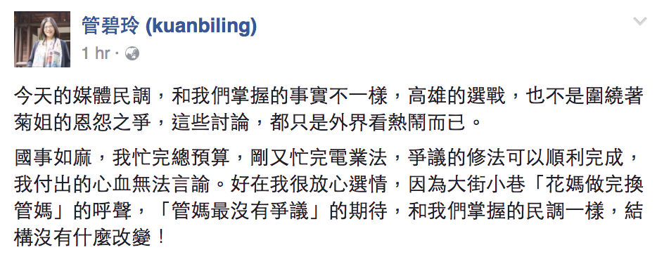 管碧玲在臉書寫道,大街小巷「花媽做完換管媽」的呼聲,「管媽最沒有爭議」的期待,與她所掌握的民調數字一致。 圖:翻攝自管碧玲臉書專頁 管碧玲在臉書寫道,大街小巷「花媽做完換管媽」的呼聲,「管媽最沒有爭議」的期待,與她所掌握的民調數字一致。 圖:翻攝自管碧玲臉書專頁