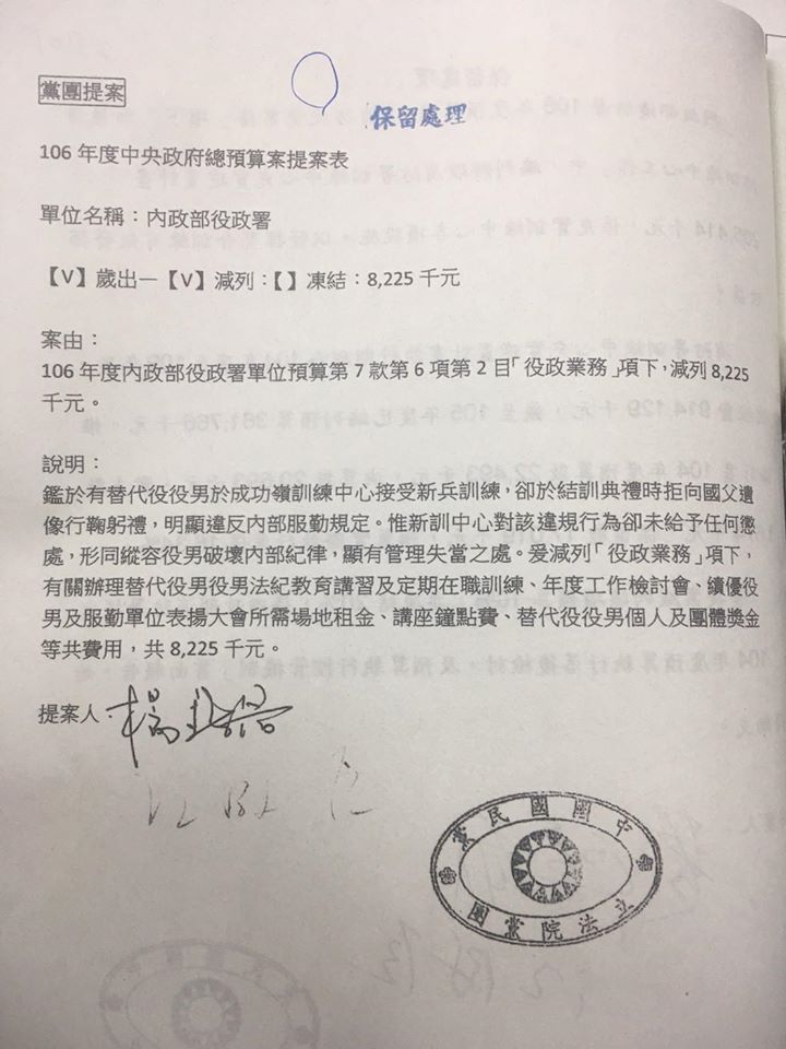 國民黨立委楊鎮浯提案刪減內政部獄政署預算822.5萬元,最終在朝野協商中決議送院會表決二讀。 圖:翻攝李俊俋臉書 國民黨立委楊鎮浯提案刪減內政部獄政署預算822.5萬元,最終在朝野協商中決議送院會表決二讀。 圖:翻攝李俊俋臉書