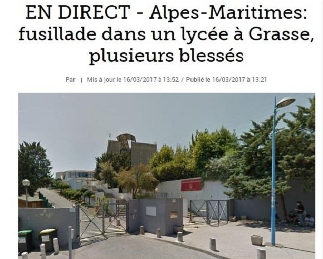 法國南部格拉斯鎮(Grasse)托克維爾中學16日發生校園槍擊案,包括校長在內,已知有3人受傷。 法國南部格拉斯鎮(Grasse)托克維爾中學16日發生校園槍擊案,包括校長在內,已知有3人受傷。