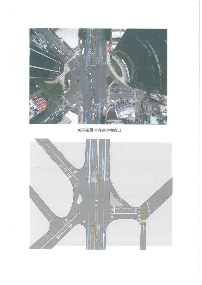 台中市西區台灣大道與民權路口空拍圖,台中市警局創下全國先例用空拍機來協助管理交通。 圖:台中市警局堤供 台中市西區台灣大道與民權路口空拍圖,台中市警局創下全國先例用空拍機來協助管理交通。 圖:台中市警局堤供