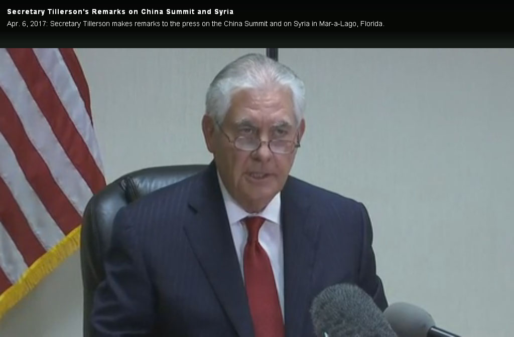 美國國務院提勒森(Rex Wayne Tillerson)在記者會上,說明對敍利亞的單邊行動。 美國國務院提勒森(Rex Wayne Tillerson)在記者會上,說明對敍利亞的單邊行動。