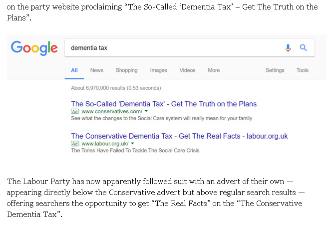 為了阻止選民點閱相關爭辯,保守黨買下「腦退化稅」(dementia tax)的Google關鍵字廣告。 圖:翻攝breitbart.com 為了阻止選民點閱相關爭辯,保守黨買下「腦退化稅」(dementia tax)的Google關鍵字廣告。 圖:翻攝breitbart.com