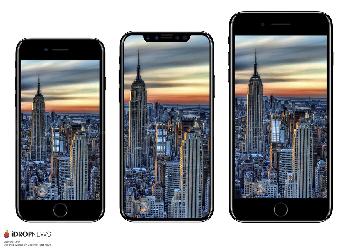 iPhone 8手機外型有所變更,此為與前代iPhone的比較圖;依序是iPhone 7、iPhone 8、iPhone 7+。 圖:翻攝自iDrop News iPhone 8手機外型有所變更,此為與前代iPhone的比較圖;依序是iPhone 7、iPhone 8、iPhone 7+。 圖:翻攝自iDrop News