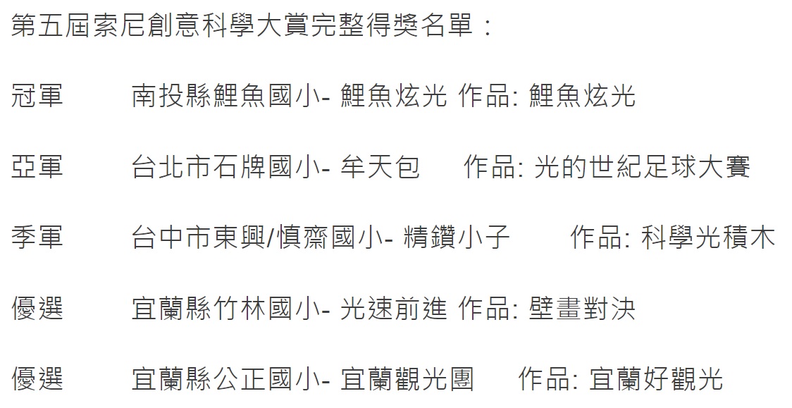 本次SONY舉行的科學競賽,總共遴選出五組優秀的隊伍。 圖:翻攝自 本次SONY舉行的科學競賽,總共遴選出五組優秀的隊伍。 圖:翻攝自