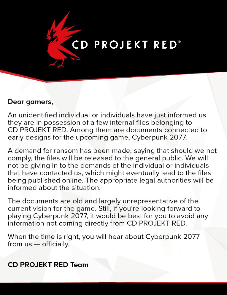 CD Projekt RED在推特發佈聲明,並呼籲玩家不要聽信外面的資訊。 圖:翻攝自CD Projekt RED推特 CD Projekt RED在推特發佈聲明,並呼籲玩家不要聽信外面的資訊。 圖:翻攝自CD Projekt RED推特