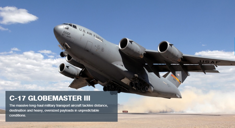 美軍「全球霸王」C-17運輸機是最新型具有高度靈活性的戰略軍用運輸機,可在915公尺長的簡易跑道上著陸。 圖:翻攝波音公司官網 美軍「全球霸王」C-17運輸機是最新型具有高度靈活性的戰略軍用運輸機,可在915公尺長的簡易跑道上著陸。 圖:翻攝波音公司官網