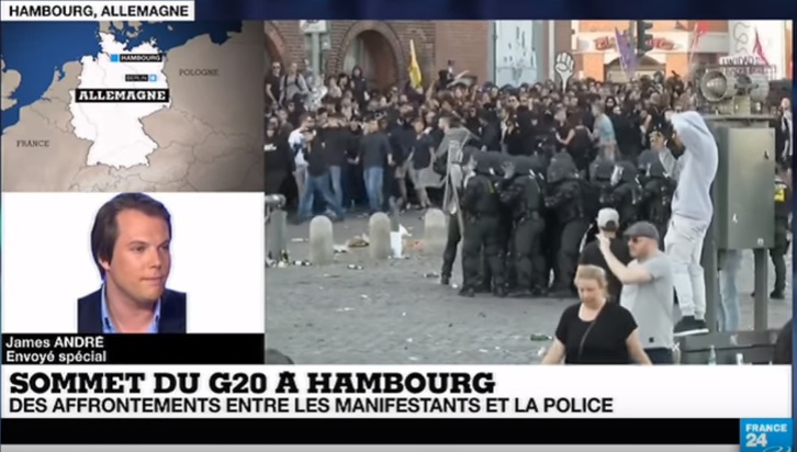 20國集團(G20)漢堡峰會展開之前再傳暴力事件。 圖:翻攝FRANCE 24畫面 20國集團(G20)漢堡峰會展開之前再傳暴力事件。 圖:翻攝FRANCE 24畫面