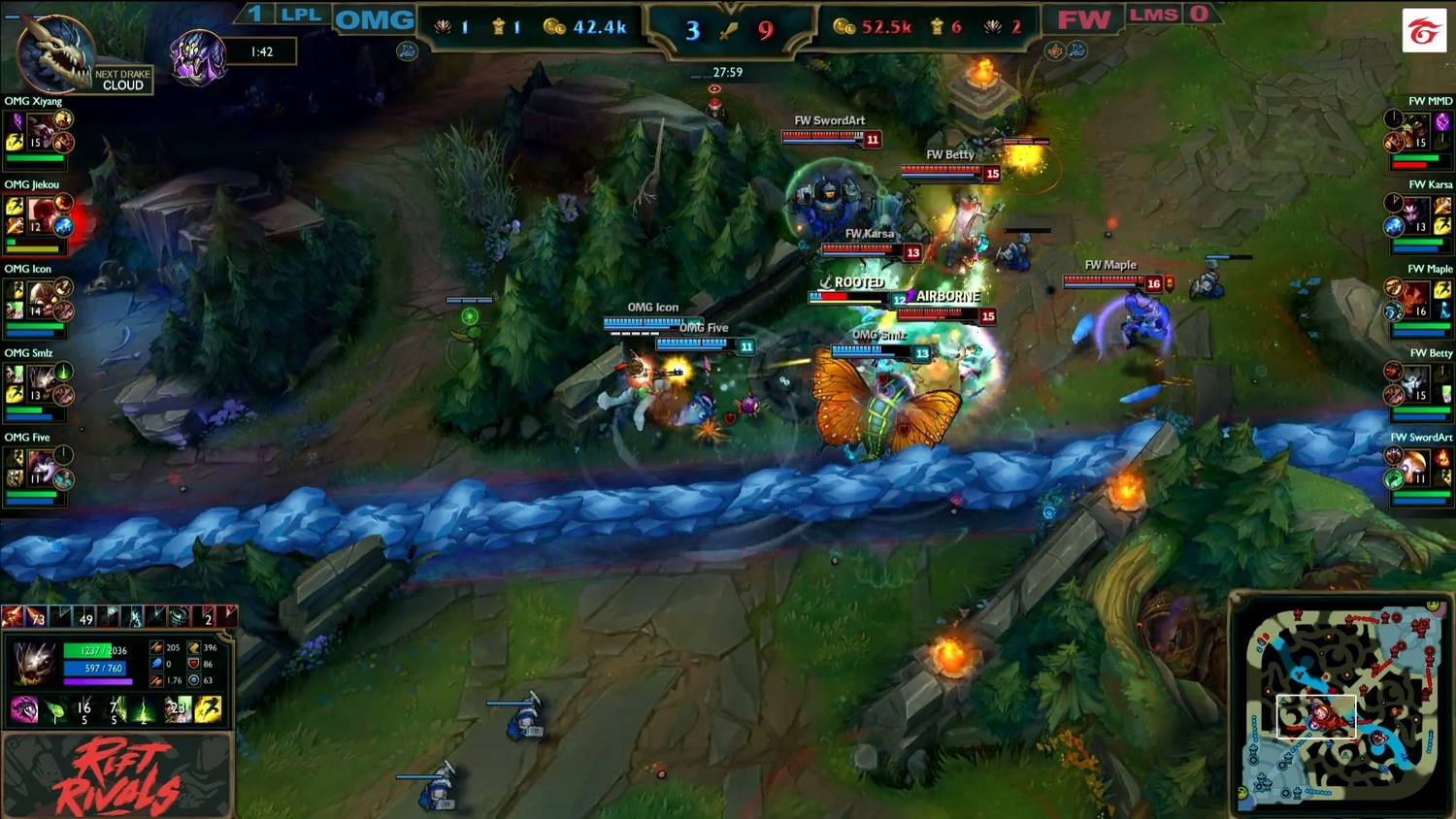 FW的中路Maple多次漂亮切割戰場,並帶領隊伍獲得勝利。 圖:翻攝自 Garena Twitch FW的中路Maple多次漂亮切割戰場,並帶領隊伍獲得勝利。 圖:翻攝自 Garena Twitch