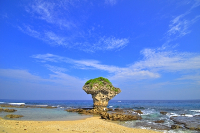 花瓶石為小琉球島上最著名的景點,其形成原因是原本的海岸珊瑚礁被地殼隆起作用所抬升,然後頸部受到長期的海水侵蝕作用,因此形成上粗下細,類似花瓶的特殊造型,加上岩頂上長滿了臭娘子以及盒果籐等植物,如同插著花草的花瓶,因此便取名為「花瓶石」。 圖:小琉球旅遊資訊網提供 花瓶石為小琉球島上最著名的景點,其形成原因是原本的海岸珊瑚礁被地殼隆起作用所抬升,然後頸部受到長期的海水侵蝕作用,因此形成上粗下細,類似花瓶的特殊造型,加上岩頂上長滿了臭娘子以及盒果籐等植物,如同插著花草的花瓶,因此便取名為「花瓶石」。 圖:小琉球旅遊資訊網提供